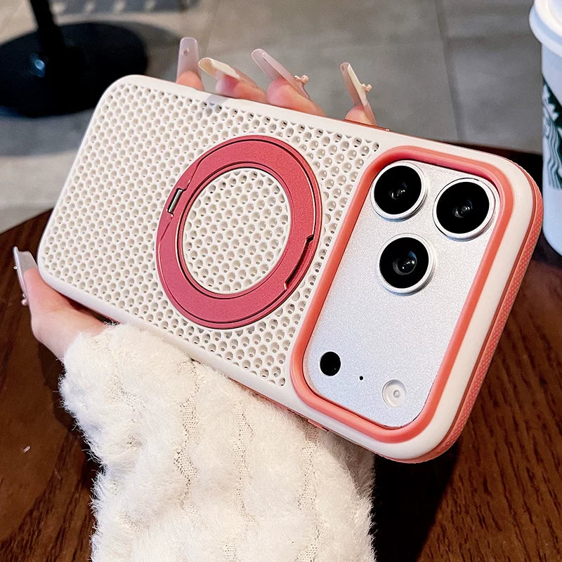 Two-color honeycomb bracket for iPhone 17promax mobile phone case New iPhone16 contrasting color honeycomb heat dissipation with 360 ° rotating bracket 15pro breathable, shell Phone accessories