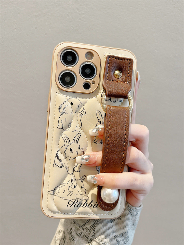 Accessories for Apple 15promax mobile phone case 13 down jacket fun rabbit 14 new 15pro wrist strap women's case