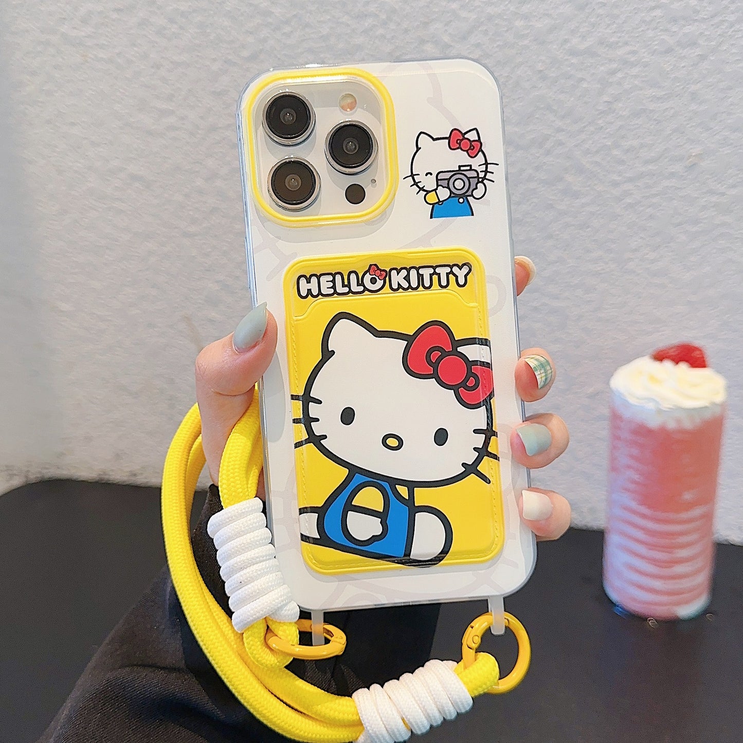 Accessories for Apple 15iPhone14Pro cute 13promax cartoon card bag lanyard kitty cat Internet celebrity soft case