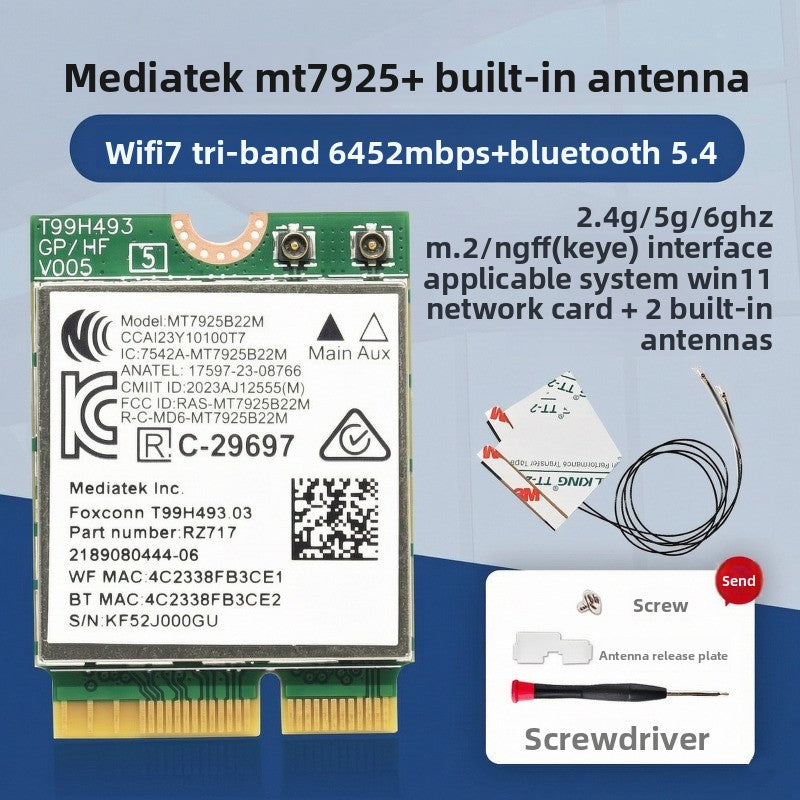 Wifi card for MT7922/MT7925/MT7902 WiFi6 WiFi6E MediaTek AW-XB604NF MT7921K MT7927 MT7922A22M MT7902 MT7925B22M RZ616 RZ608 RZ717 RZ608 0C011-00300100 0R5DHJ Wireless network interface card Bluetooth 5.4 Laptop Desktop AMD
