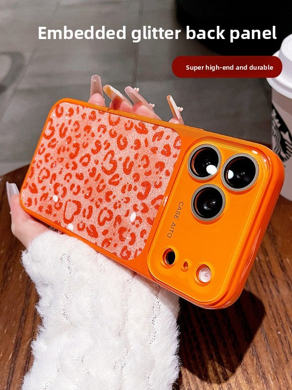 Glitter love leopard print for iPhone 17promax mobile phone case new iPhone16 seconds change 17pro large window lens film all-inclusive 15pro sweet cool women's shell Phone accessories