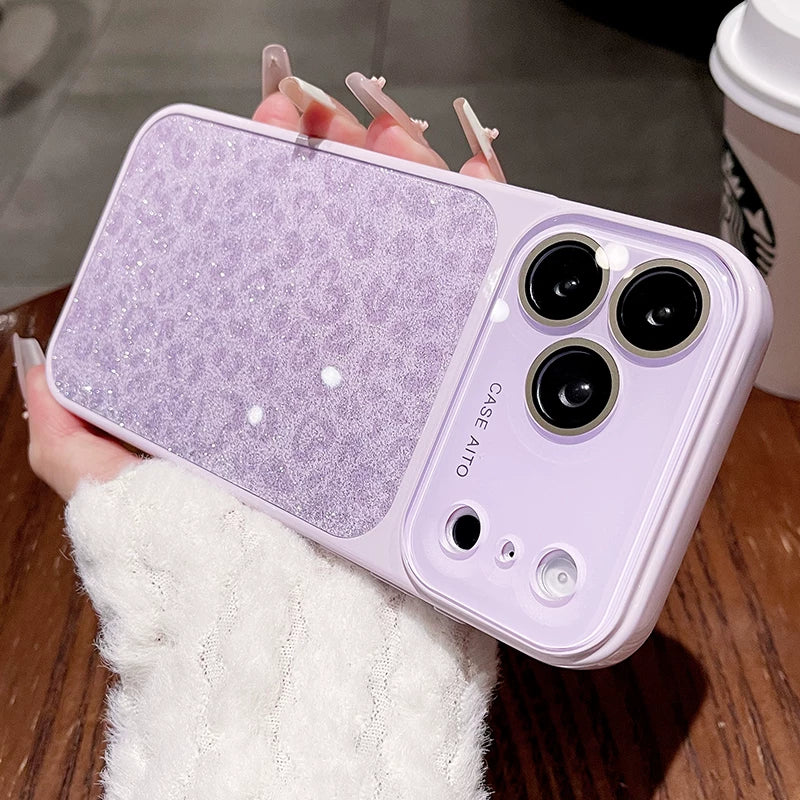Glitter love leopard print for iPhone 17promax mobile phone case new iPhone16 seconds change 17pro large window lens film all-inclusive 15pro sweet cool women's shell Phone accessories