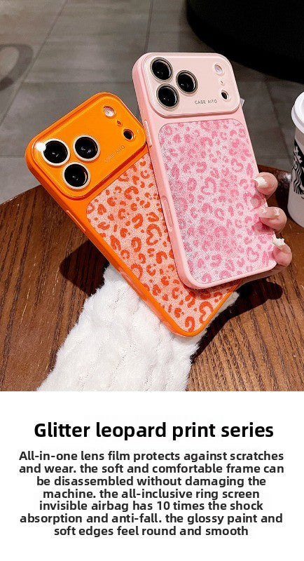 Glitter love leopard print for iPhone 17promax mobile phone case new iPhone16 seconds change 17pro large window lens film all-inclusive 15pro sweet cool women's shell Phone accessories