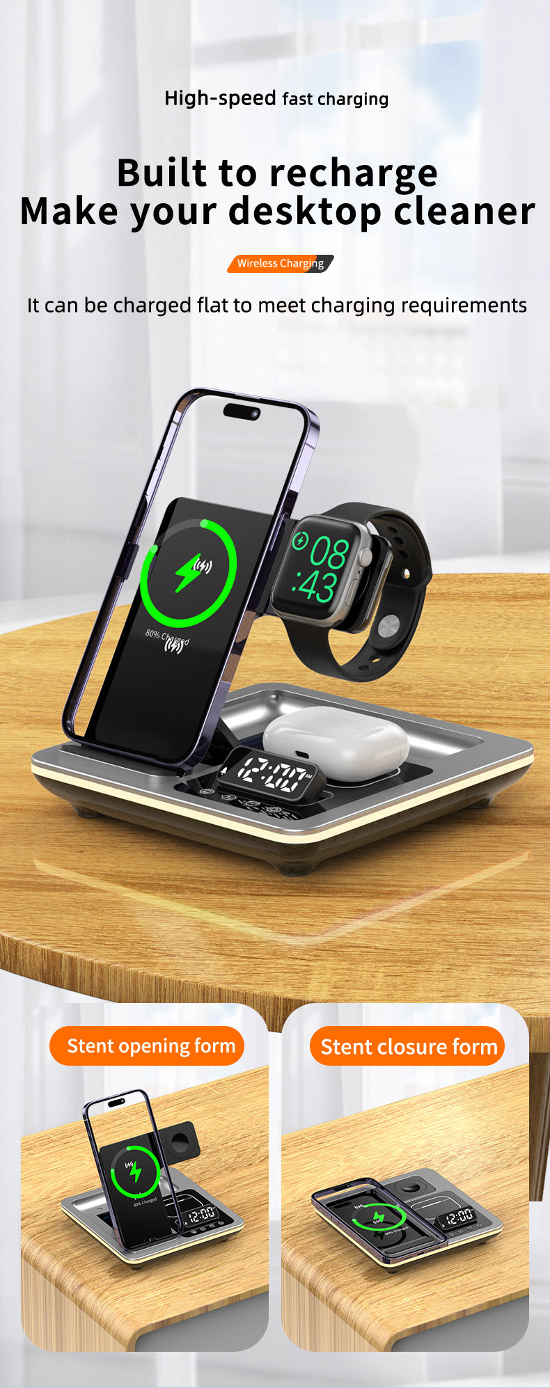 Popular folding three-in-one wireless charger, desktop mobile phone holder, multi-function clock digital display wireless charging