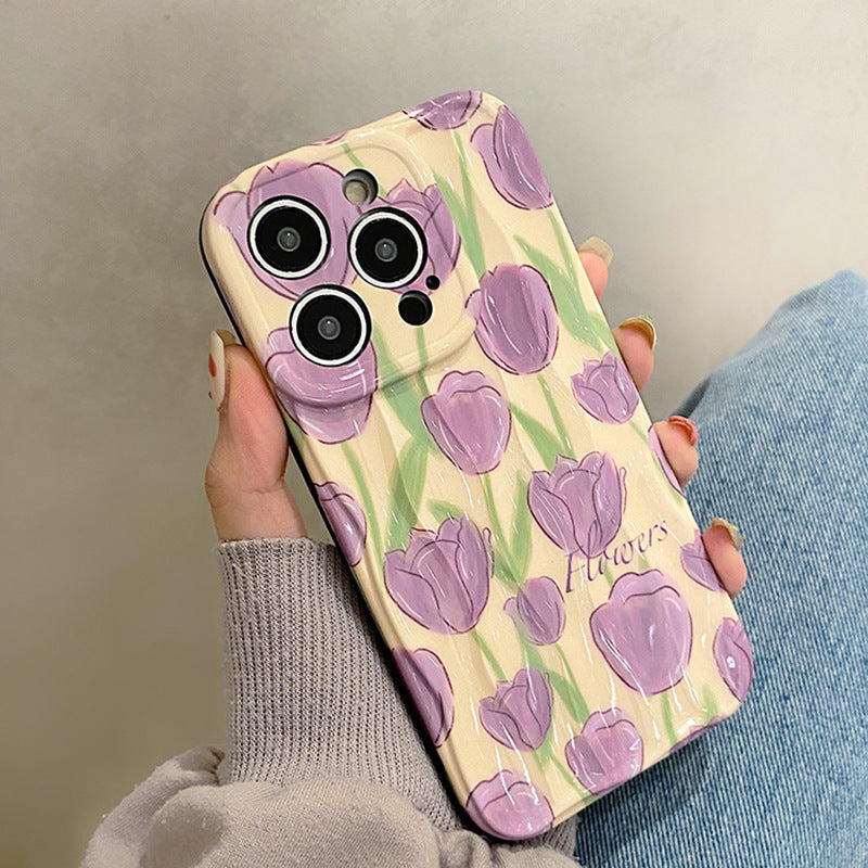 Accessories ins wind purple tulip flower for apple 15promax mobile phone case iphone14pro premium sense 13p