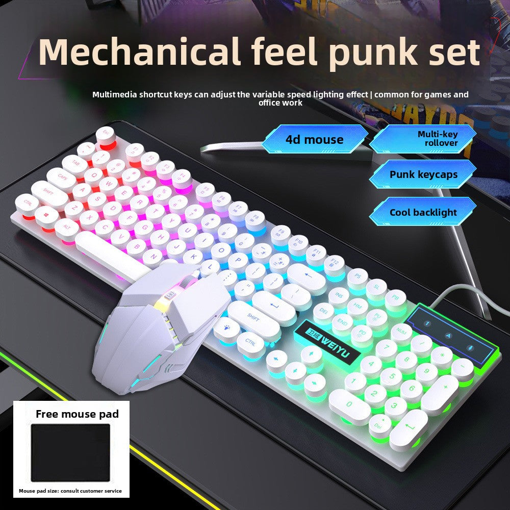 Floating retro punk keycaps mechanical feel wired keyboard mouse luminous set game office desktop computer