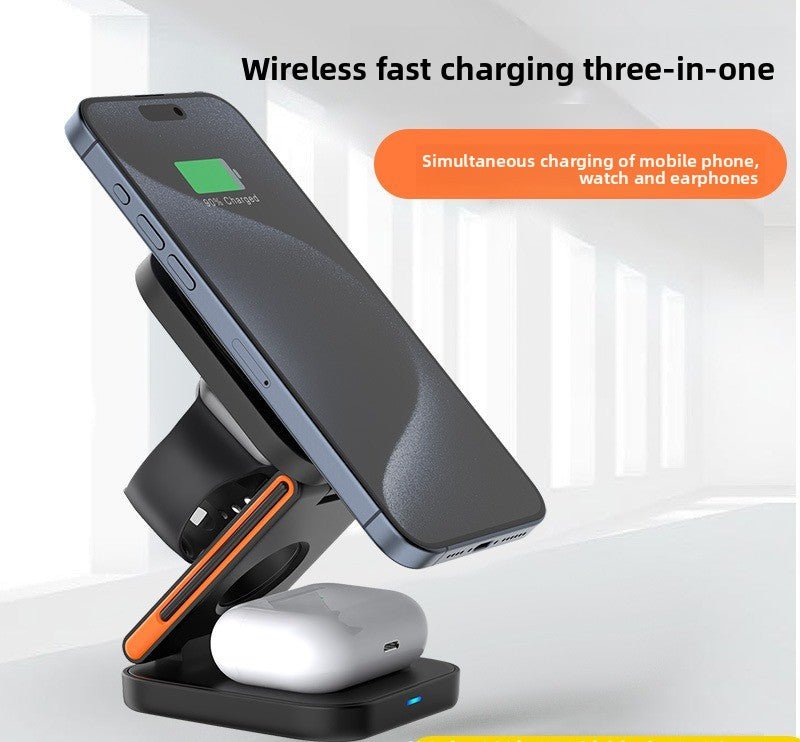 New multi-functional desktop vertical folding three-in-one wireless charging 15W magnetic mobile phone holder wireless charger