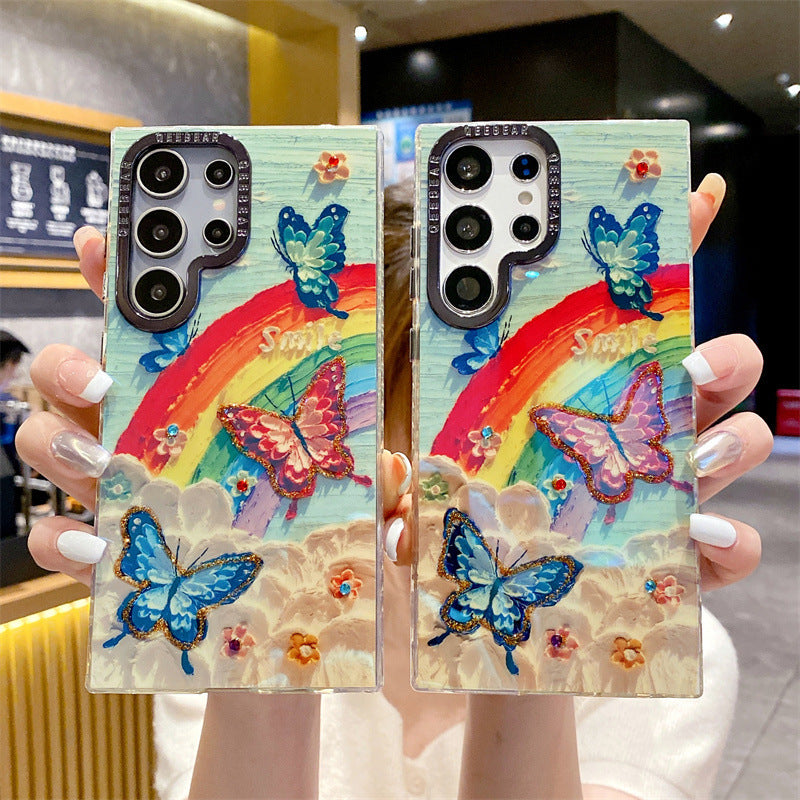 Accessories three-dimensional Epoxy rhinestone rainbow butterfly for Samsung s24plus mobile phone case s23ultra blue light s23 oil painting