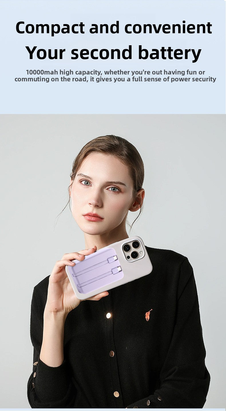 Magnetic wireless MagSafe power bank, large capacity, self-contained cable, fast charging mobile power supply.