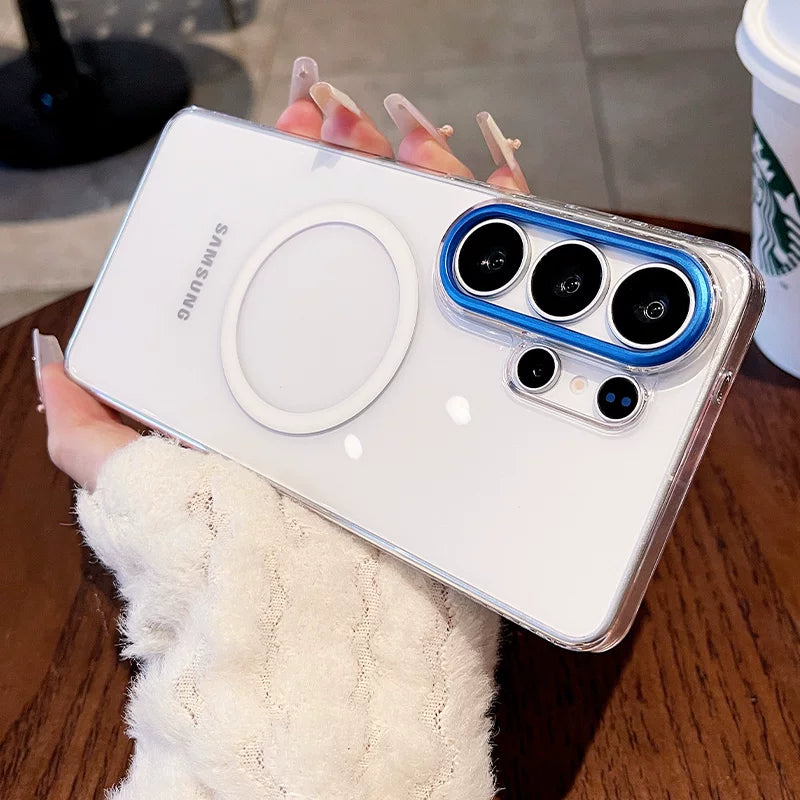 Metal lens for Samsung S26ultra phone case, new S26+  S25 Ultra protective case transparent magnetic full-coverage shockproof ultra-thin S25ultra women's premium hard case phone accessories