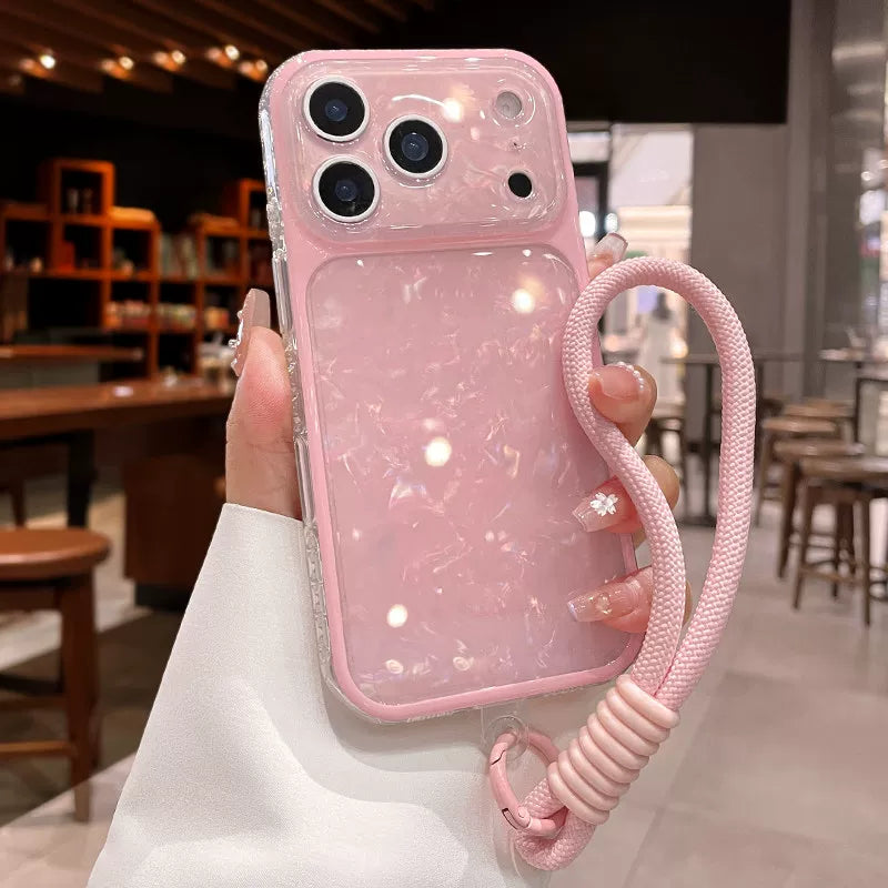 Laser shell pattern for iPhone 17promax mobile phone case new iPhone16 soft edge anti-drop belt wrist lanyard silicone women's 15pro super good-looking light shell Phone accessories