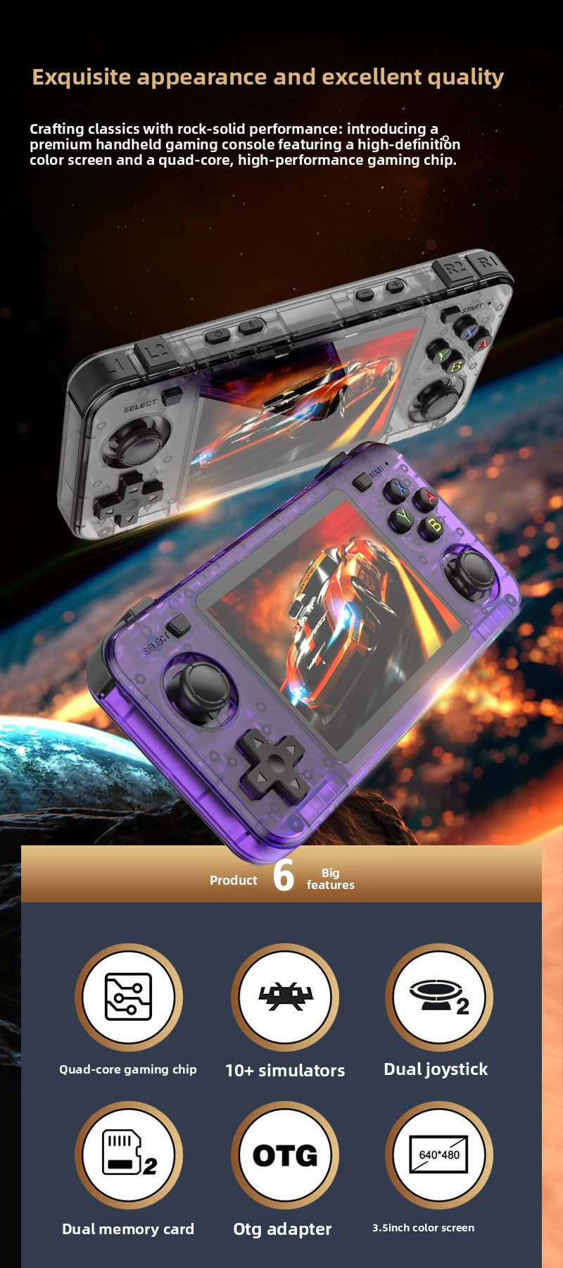 3.5" inch R36H IPS HD Linux Dual joystick Dual TF 3000mAh rechargable gamepad Ultra-Thin games Handheld Game Player console