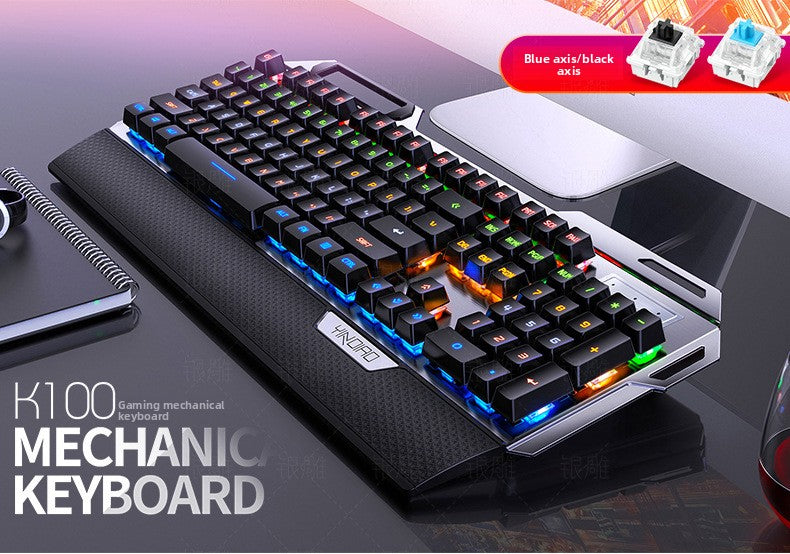 Silver engraving K100 metal real mechanical keyboard, hand rest knob game blue axis wired USB