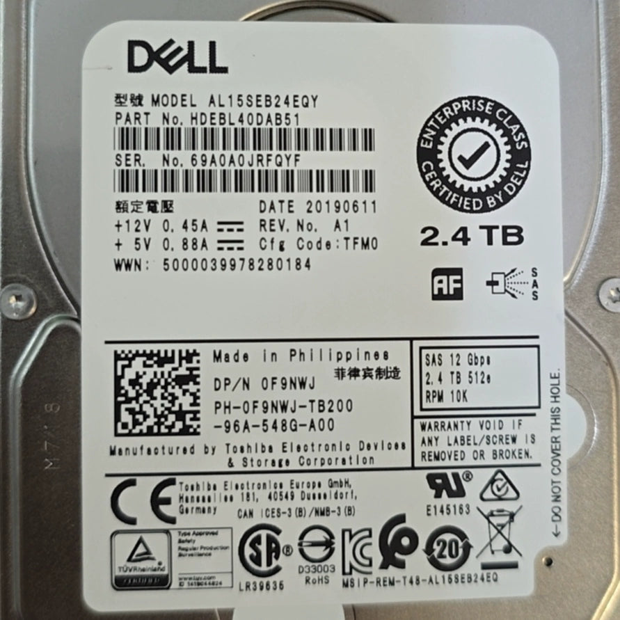 DELL 2.4T 2.5 "10K Mechanical Hard Drive, Date 2019 PART NO. HDEBL40DAB51 Servicer