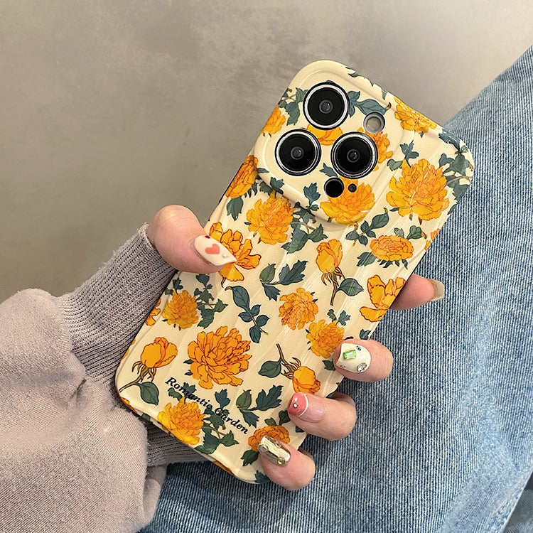 Accessories ins wind green leaves full screen yellow flowers suitable for apple 15promax mobile phone case iphone14pro advanced sense 13p