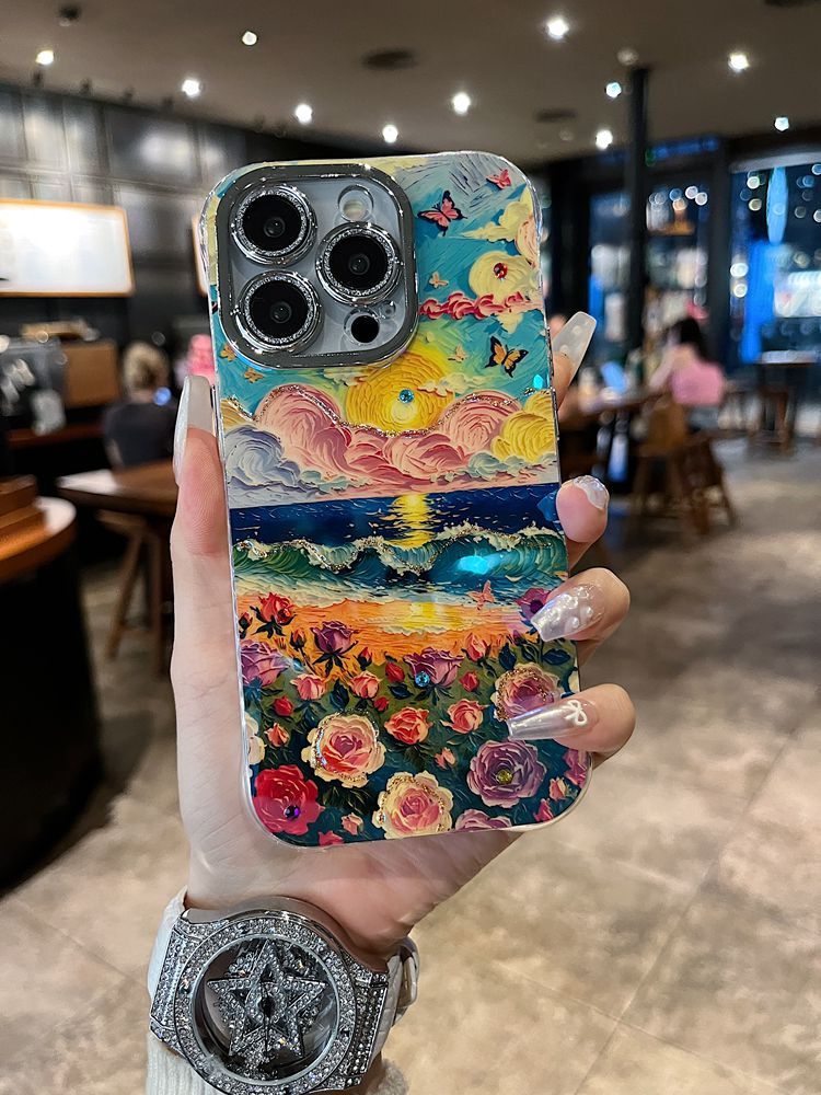 Accessories for Apple series iPhone15 new shell Blu-ray retro women's Internet celebrity sunset flower sea creative all-inclusive 14