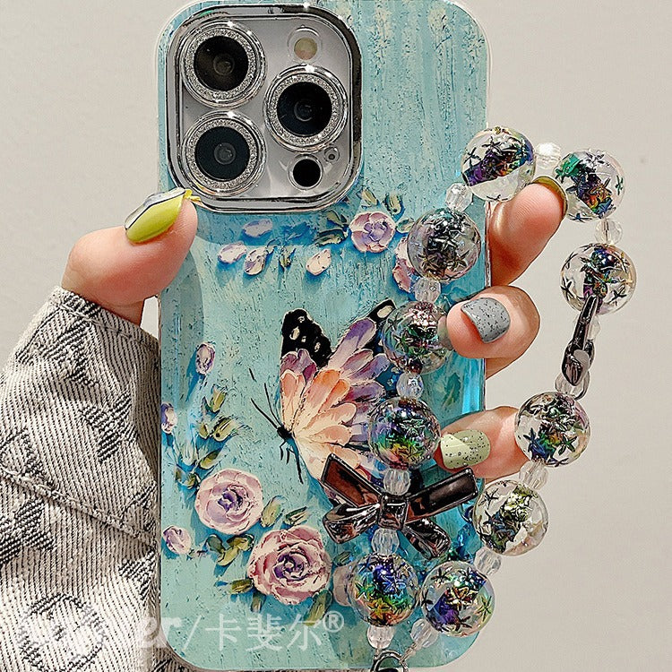 Accessories for high-end aesthetic oil painting flower butterfly bracelet iphone15pro max mobile phone case apple 13 new