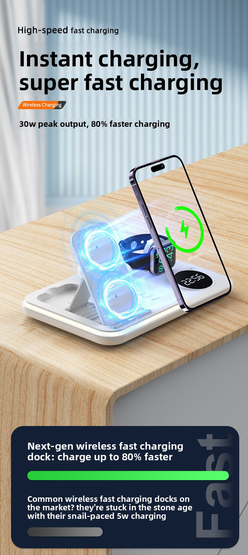 3-in-1 wireless charger, clock wireless charging 30W multi-function magnetic wireless charging