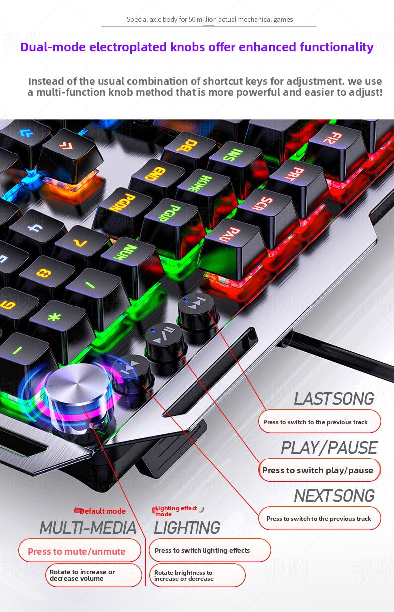 Silver engraving K100 metal real mechanical keyboard, hand rest knob game blue axis wired USB