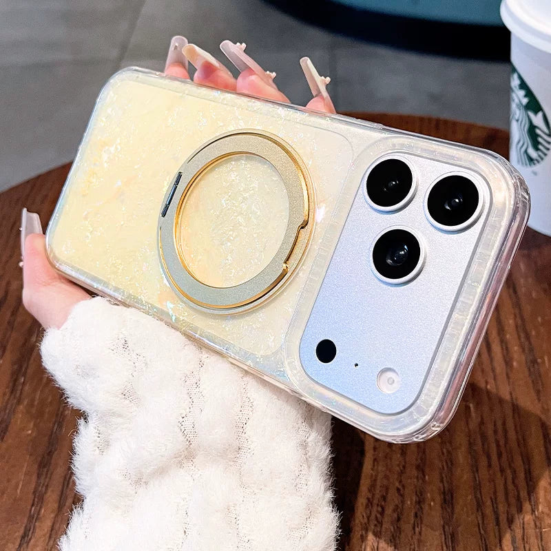 Gilded shell pattern stand for iPhone 17 Pro Max phone case, new iPhone 16 gradient gradient gradient with built-in pearlescent glitter protective cover, 15 Pro stand case, Phone accessories