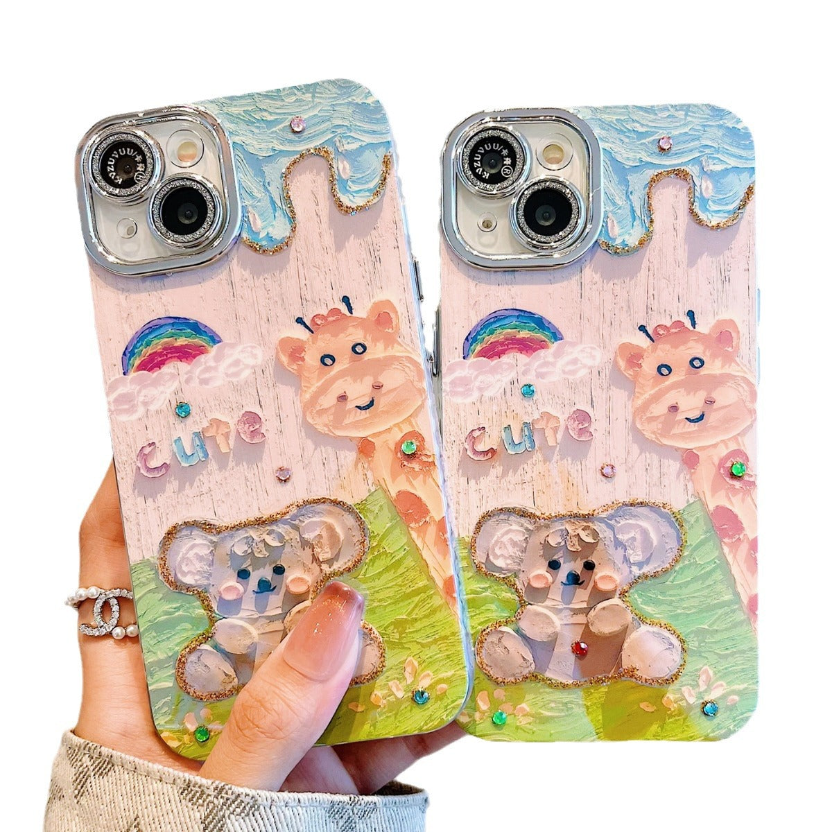 Accessories for iPhone 15 mobile phone case iphone14promax oil painting giraffe bear 13 blue light point drill lens film