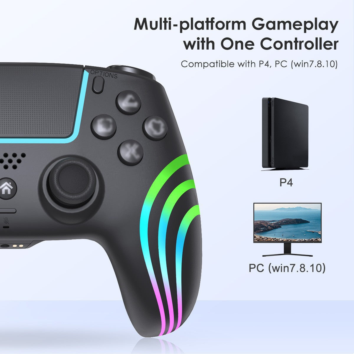 PS4 wireless handle, Bluetooth somatosensory gamepad, colorful lights P4 controller, computer PC tablet universal handle