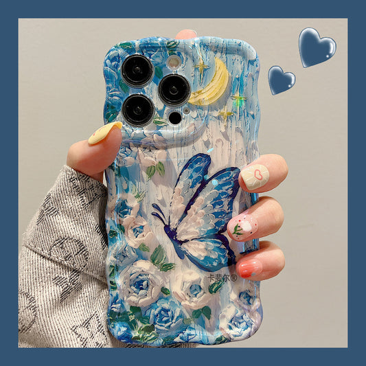 Accessories for high-end aesthetic oil painting blue rose butterfly bracelet iphone14pro max mobile phone case apple 15