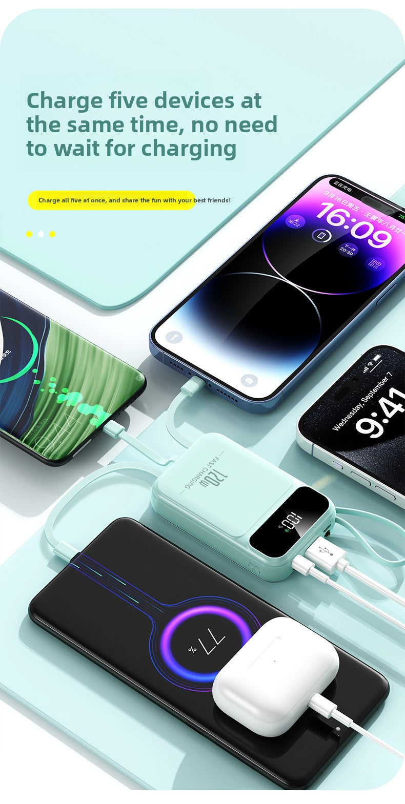 Power bank super fast charging mini with its own cable 20000mAh mobile power supply