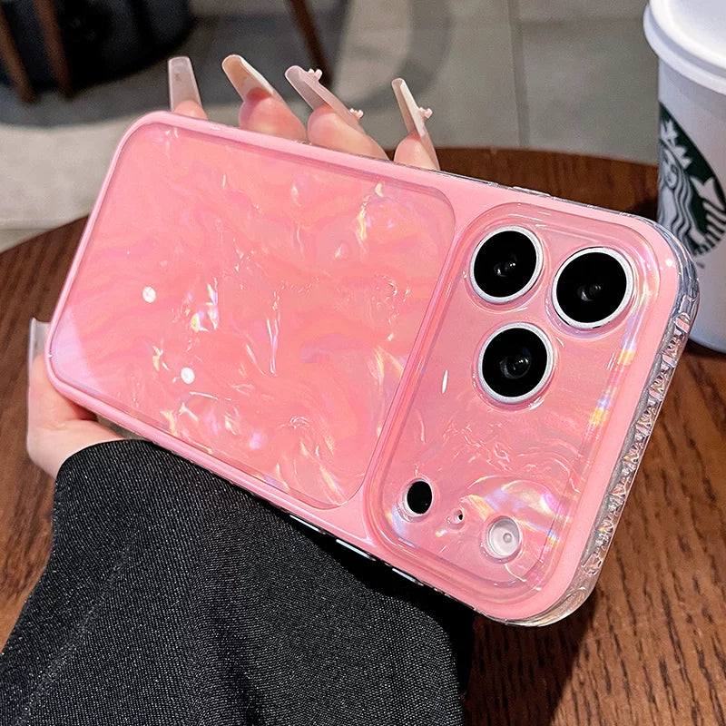 Laser shell pattern for iPhone 17promax mobile phone case new iPhone16 soft edge anti-drop belt wrist lanyard silicone women's 15pro super good-looking light shell Phone accessories