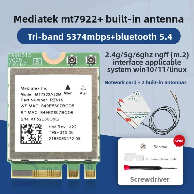 Wifi card for MT7922/MT7925/MT7902 WiFi6 WiFi6E MediaTek AW-XB604NF MT7921K MT7927 MT7922A22M MT7902 MT7925B22M RZ616 RZ608 RZ717 RZ608 0C011-00300100 0R5DHJ Wireless network interface card Bluetooth 5.4 Laptop Desktop AMD