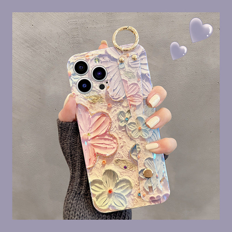 Accessories (Shipping fee not included) Applicable to iphone14promax mobile phone case Apple 13 oil painting flower wristband 11 blue light dot diamond 12 Korean women's models