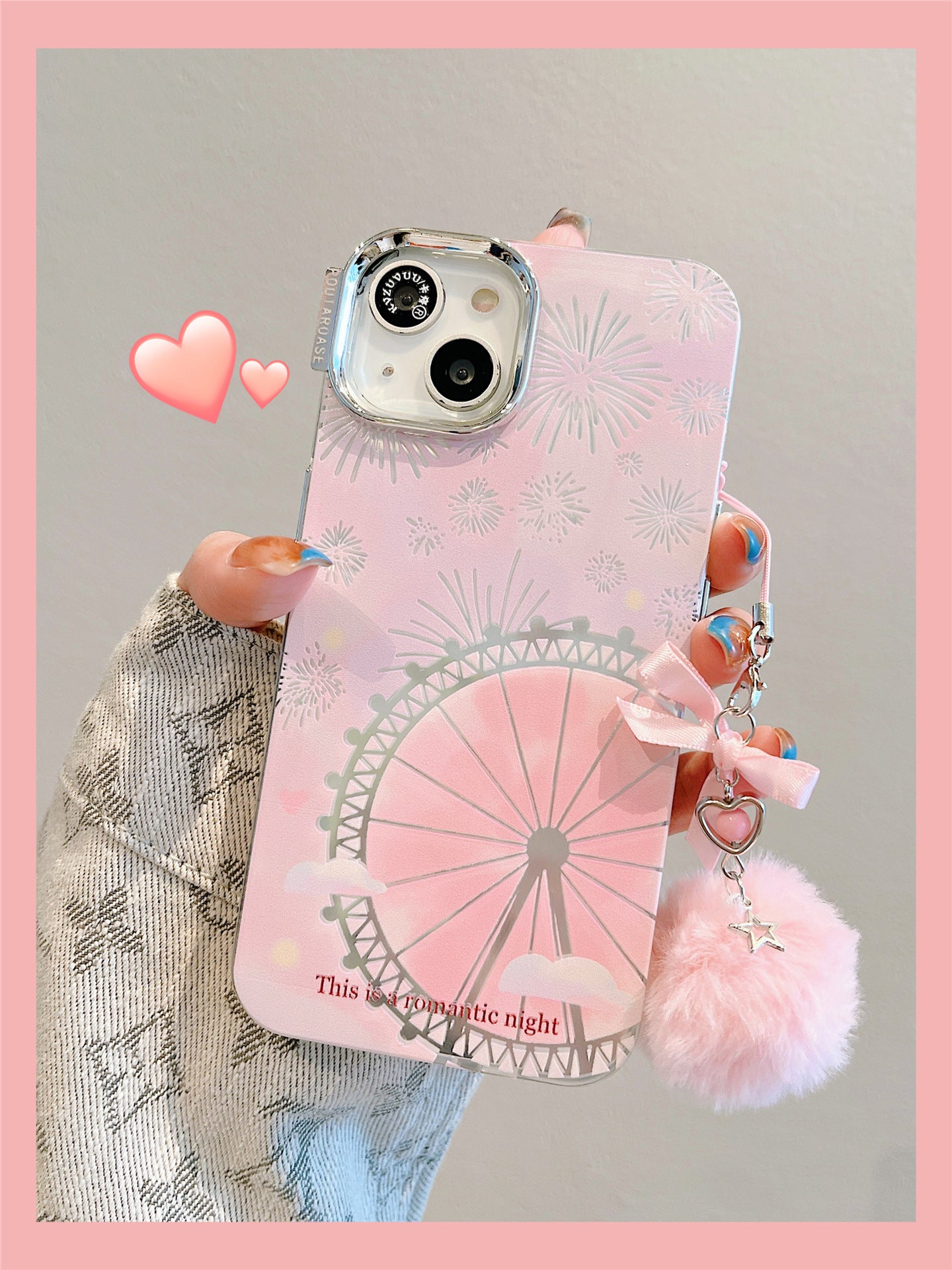 Accessories for Apple 14 mobile phone case iphone15promax pink Ferris wheel fireworks plush bow pendant 13