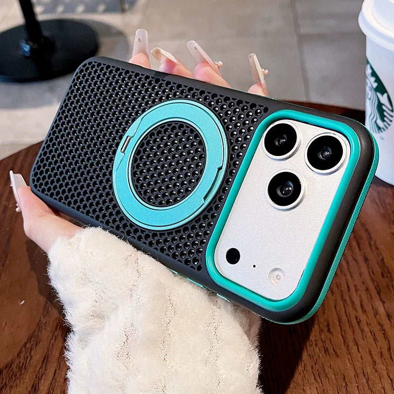 Two-color honeycomb bracket for iPhone 17promax mobile phone case New iPhone16 contrasting color honeycomb heat dissipation with 360 ° rotating bracket 15pro breathable, shell Phone accessories