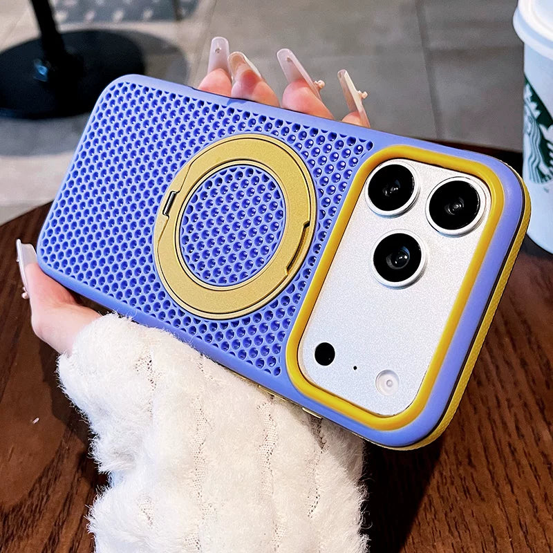 Two-color honeycomb bracket for iPhone 17promax mobile phone case New iPhone16 contrasting color honeycomb heat dissipation with 360 ° rotating bracket 15pro breathable, shell Phone accessories