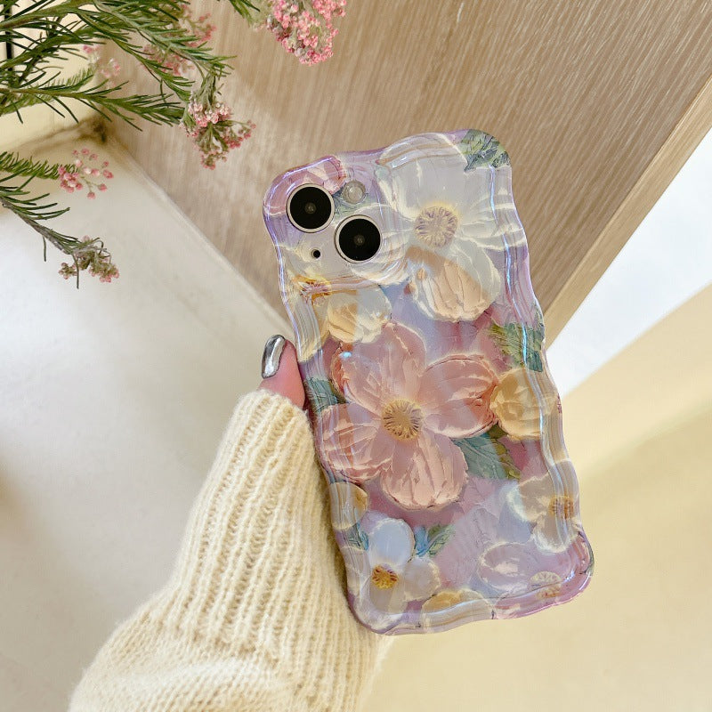 Accessories green purple bottom oil painting flower twist edge mobile phone tide case Internet celebrity iPhone case new creative iPhone 15 Apple