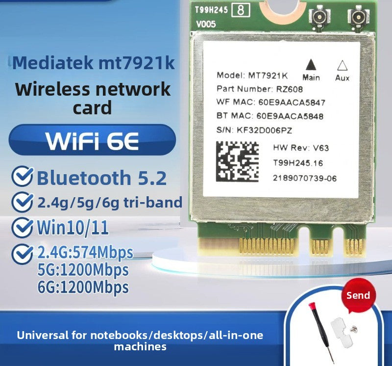 Wifi card for MT7922/MT7925/MT7902 WiFi6 WiFi6E MediaTek AW-XB604NF MT7921K MT7927 MT7922A22M MT7902 MT7925B22M RZ616 RZ608 RZ717 RZ608 0C011-00300100 0R5DHJ Wireless network interface card Bluetooth 5.4 Laptop Desktop AMD
