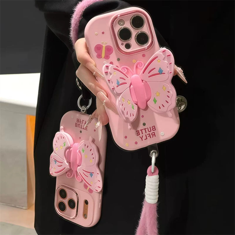 Wonderful pink butterfly for iPhone 17promax plush lanyard mobile phone case 16 huawei mate70 new butterfly bracket OPPO Reno14 metal little fat girl vivos30 millet 15 soft Phone accessories