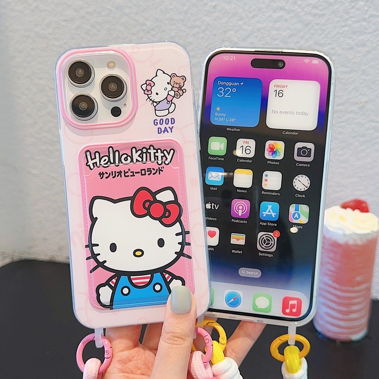 Accessories for Apple 15iPhone14Pro cute 13promax cartoon card bag lanyard kitty cat Internet celebrity soft case