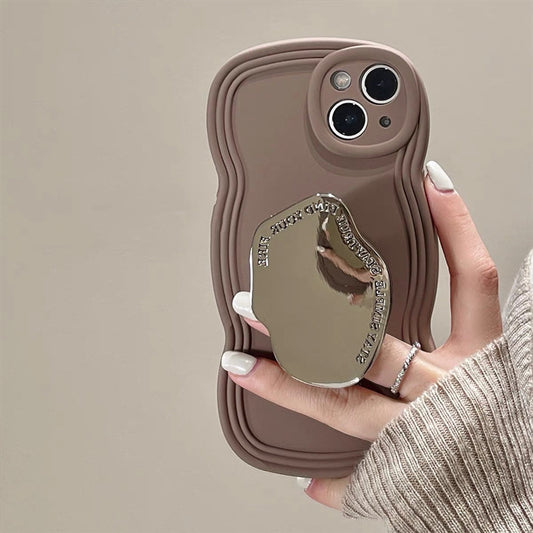 Accessories (Shipping fee not included) Coffee Brown Wave Edge Mirror Holder For iPhone14Promax Phone Case xr Apple 13/12/11 Women