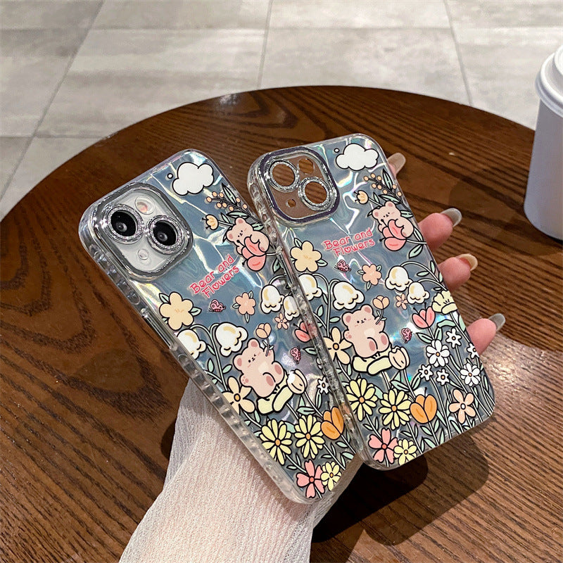 Accessories Cartoon Water Ripple Flower Bear Applicable to iPhone15 Mobile Phone Case Apple 14promax Lens Film 13pro