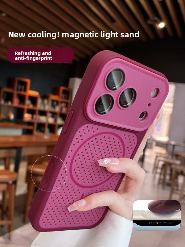 Mesh heat dissipation magnetic suction for iPhone 17promax mobile phone case new color scheme cherry red iPhone16 seconds bigger window breathable magnetic suction 15pro all-inclusive anti-drop case Phone accessories