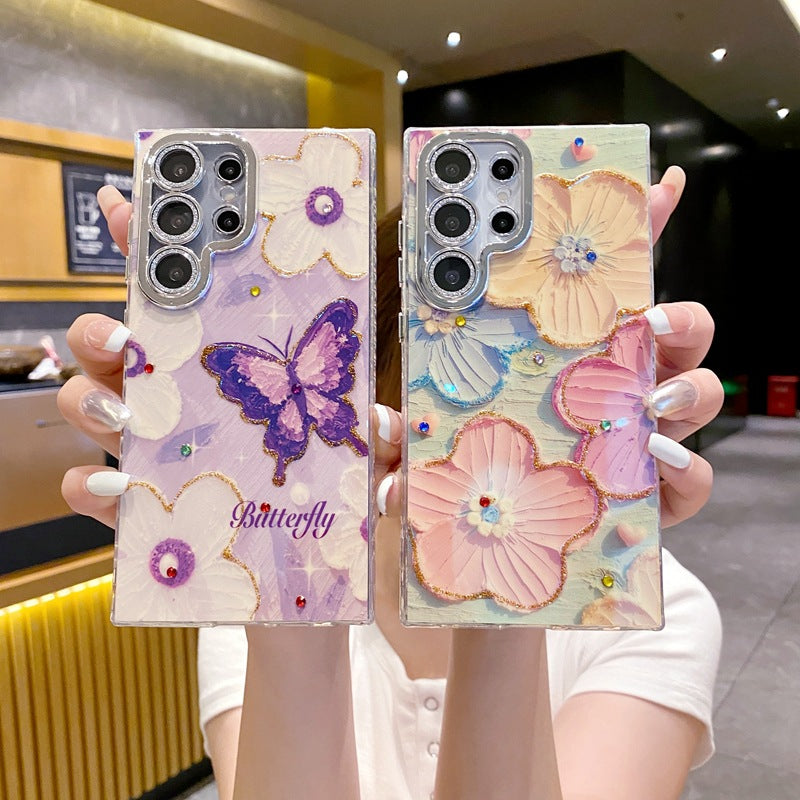 Accessories Oil Painting Fine Hole Flower Butterfly Samsung Galaxy S24Ultra Mobile Phone Case Case All Inclusive Luxury Lens Film