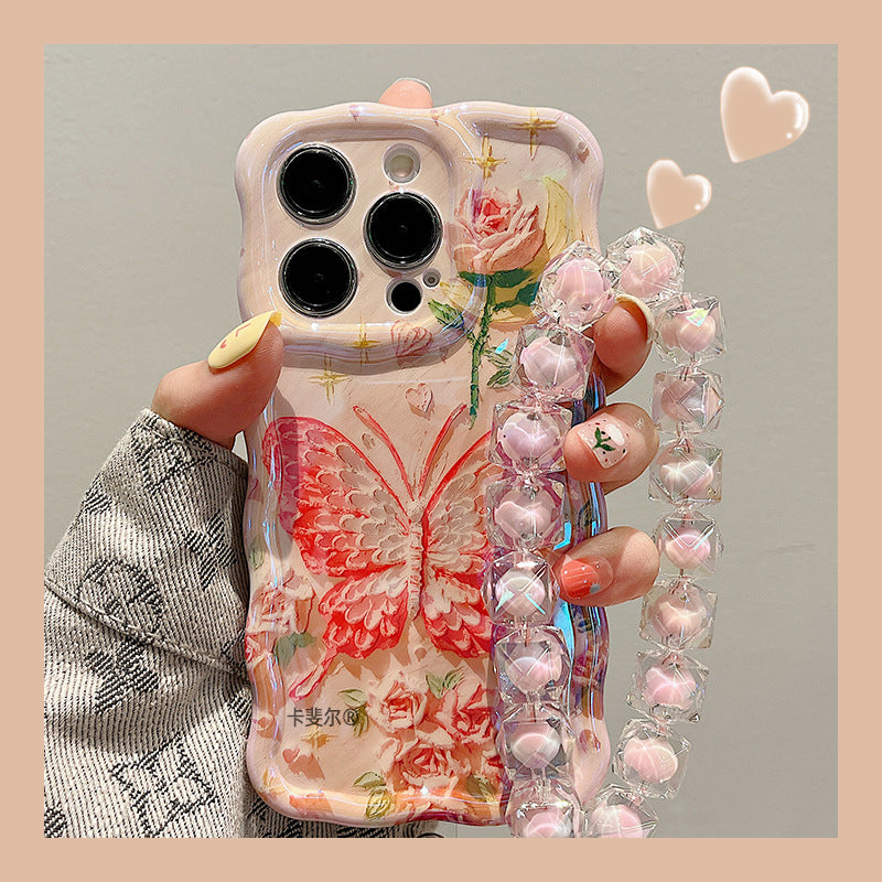 Accessories for high-end aesthetic oil painting blue rose butterfly bracelet iphone14pro max mobile phone case apple 15