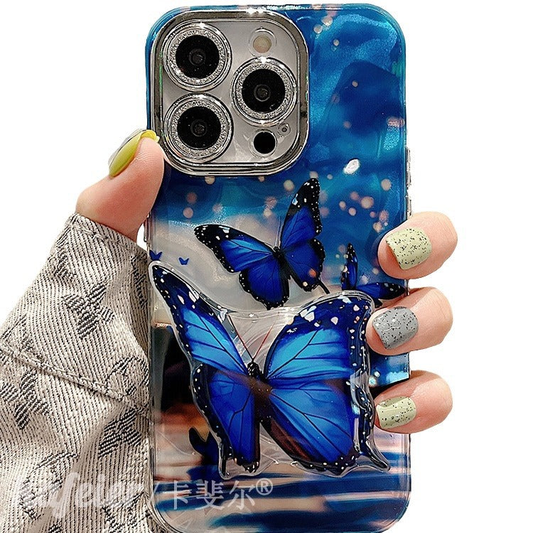 Accessories Superior sense beautiful blue butterfly bracket bracelet iphone15pro max mobile phone case apple 14 new