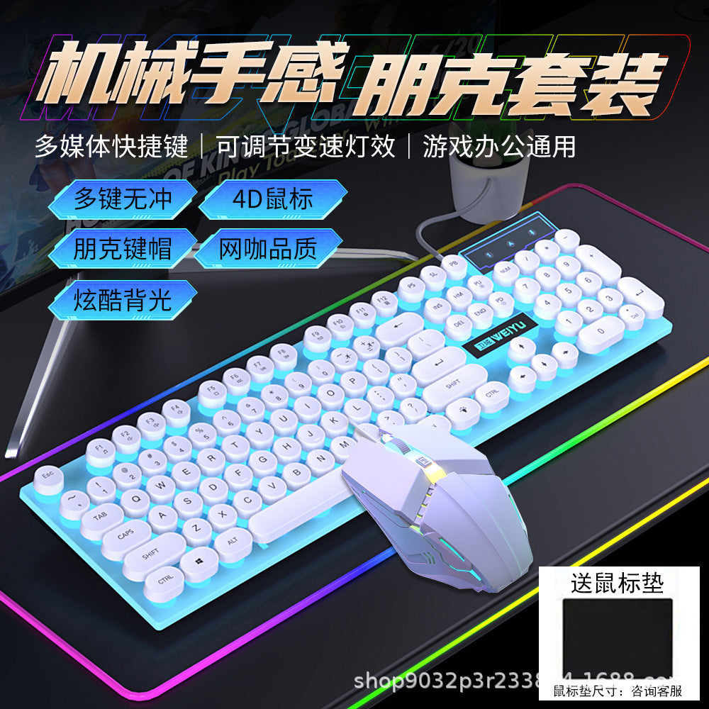 Retro punk mechanical feel wired keyboard mouse glowing desktop set computer game e-sports