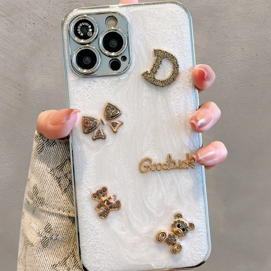 Accessories for iPhone 15 mobile phone case iphone14promax three-dimensional rhinestone letter bear 13 simple ins wind 12