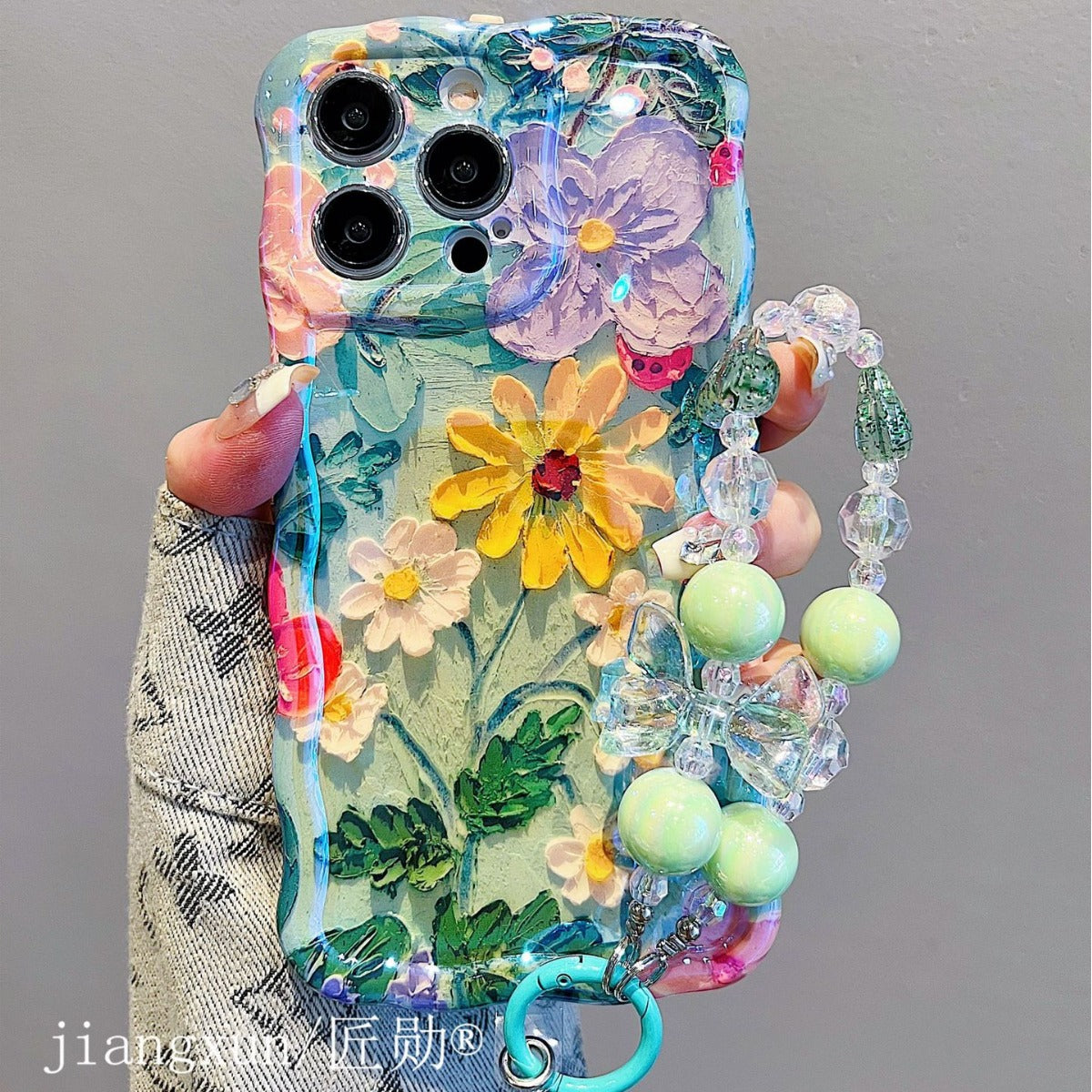 Accessories for iphone15promax mobile phone case 13 blue oil painting green flower daisy 14 new 14promax