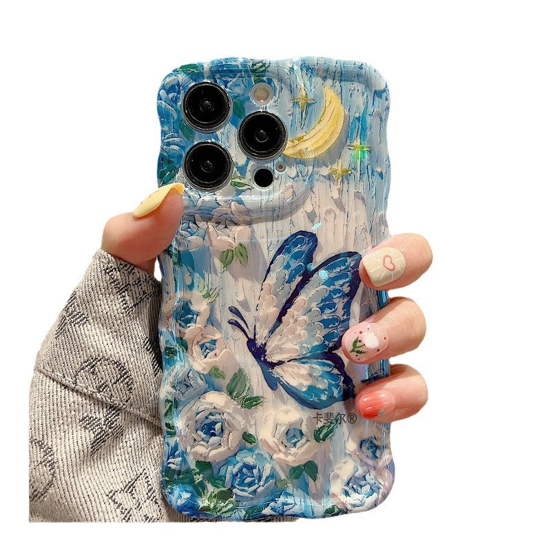 Accessories for high-end aesthetic oil painting blue rose butterfly bracelet iphone14pro max mobile phone case apple 15