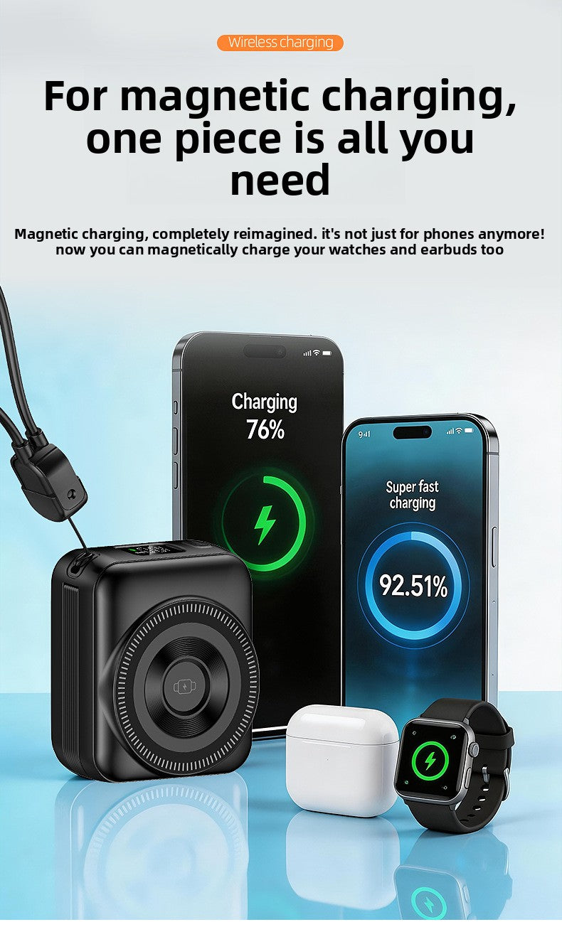 3-in-1 fast charging mobile power supply for mobile phones, earphones, watches, 10,000 mAh with cable, magnetic power bank.