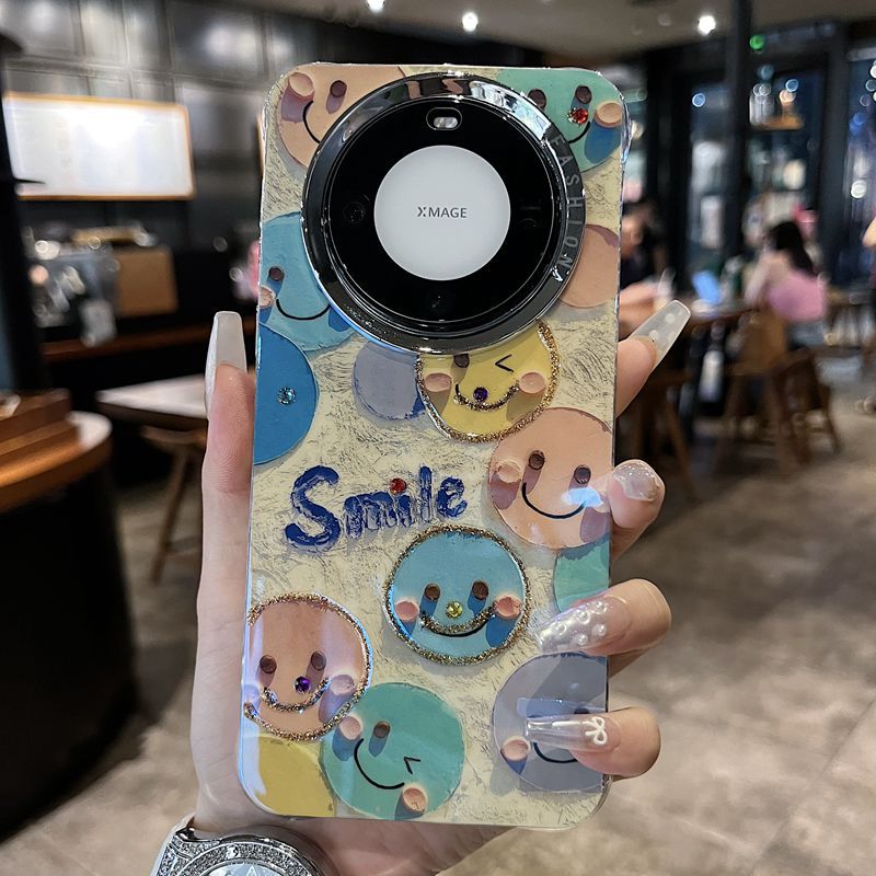 Accessories are suitable for Huawei mate60 Apple series new shell personalized creative large hole beige bottom smiley face anti-drop all-inclusive tide